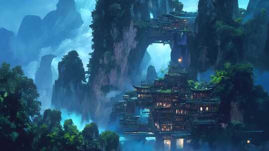 古风山水奇幻建筑场景
