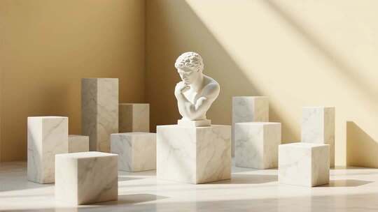 室内雕塑与几何方块光影场景