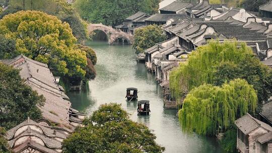 {合集}乌镇古镇江南水乡乌篷船航拍风光