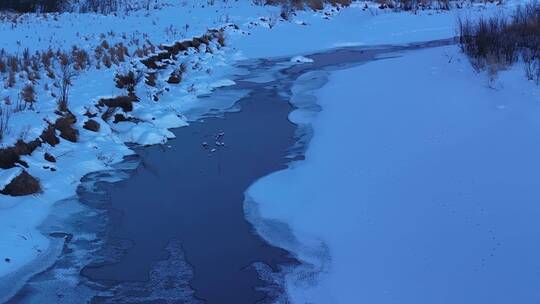 扎敦河湿地不冻河暮色雪景