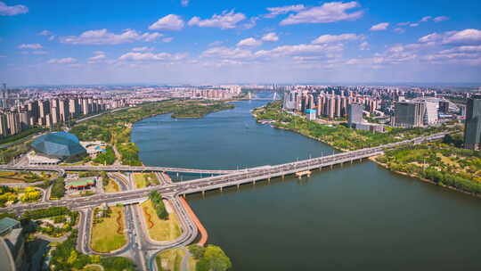 辽宁沈阳浑河沿岸壮观大气城市风景航拍延时