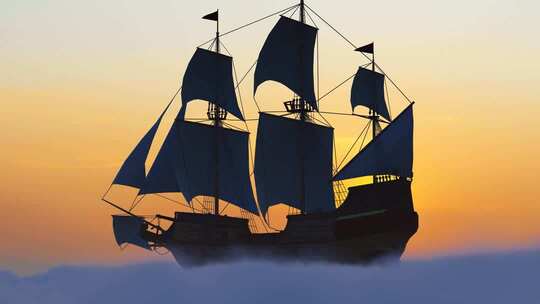 在云雾缭绕的海面乘风破浪前行的帆船