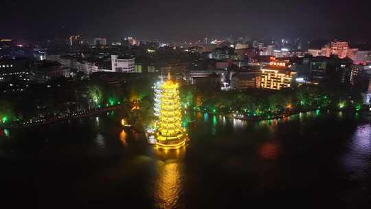 桂林日月双塔夜景航拍