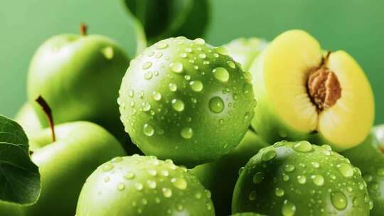 带水珠青苹果特写素材