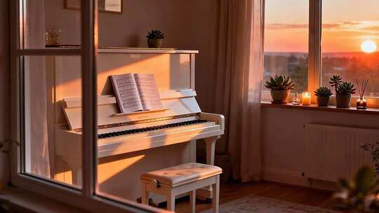 室内夕阳下的白色钢琴素材
