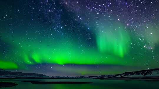 美丽的极光星空与湖泊山脉夜景