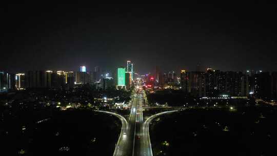 广东湛江城市夜景灯光交通航拍