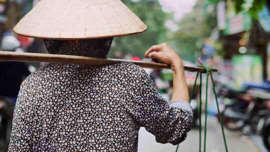 女人，搬运杆，街道，亚洲锥形帽