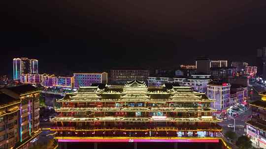 湖南怀化通道廊桥侗族廊桥风雨桥夜景航拍