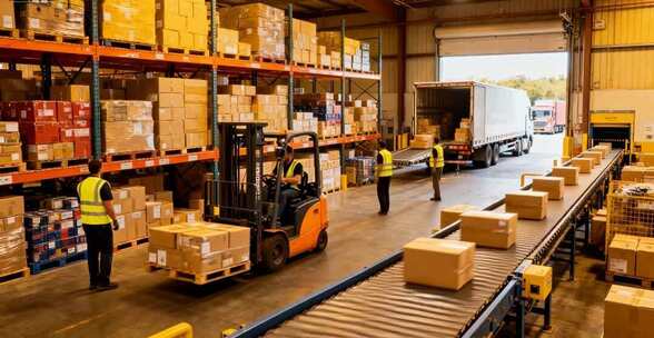 仓库工人操作叉车搬运货物