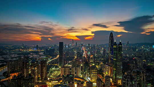 深圳罗湖CBD晚霞夜景航拍延时视频