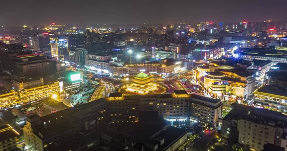 航拍西安大唐不夜城夜景灯光城墙永宁门人流