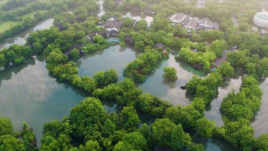 杭州西溪湿地初夏晨雾美景航拍