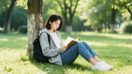 女孩树下草地阅读