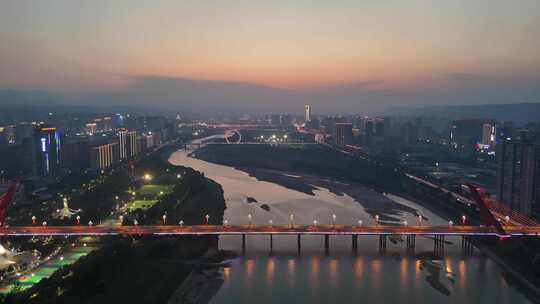 陕西宝鸡城市夜幕降临夜景灯光航拍