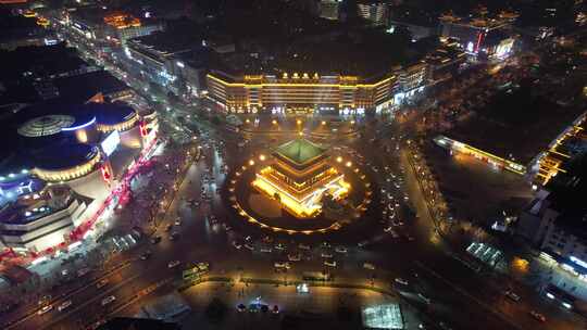 西安钟楼地标夜景航拍