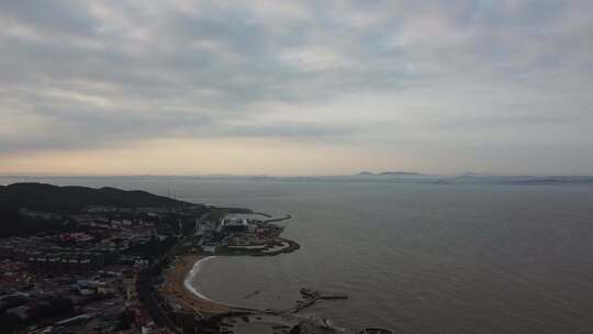 航拍城市海岸线大海日出海上风光