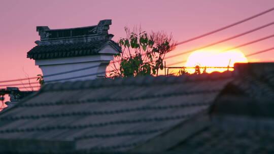 古建筑夕阳日落剪影