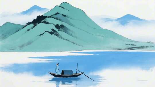 水墨山水泛舟意境 新中式水墨画背景
