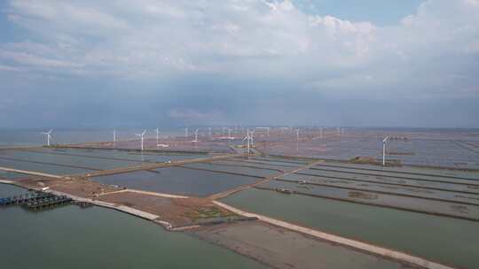 大海海边沙滩风力发电风车航拍