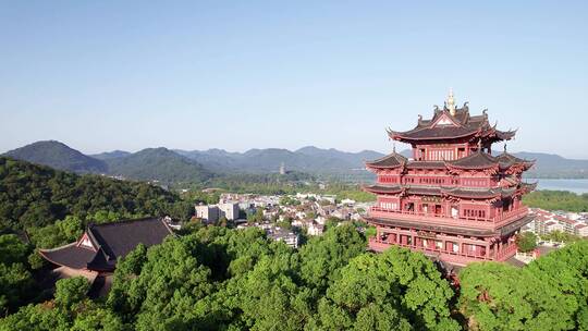 航拍杭州西湖风景区吴山景点古建筑城隍阁楼