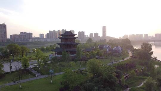 航拍湖南衡阳陆家新区城市夜景人行观光桥