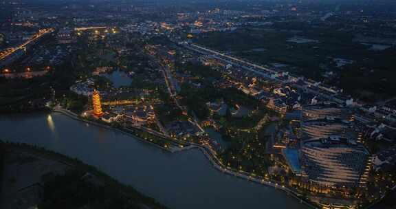 航拍江南水乡古镇乌镇夜景风光