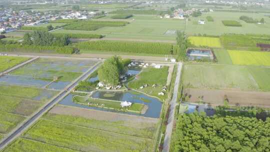 航拍西安稻田露营基地