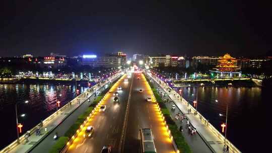 航拍广西桂林解放桥夜景视频素材模板下载
