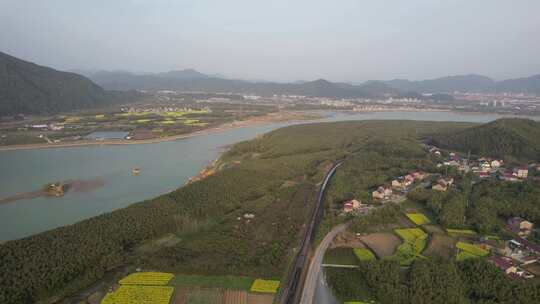 油菜花开，春日的宁国市西村风光航拍素材