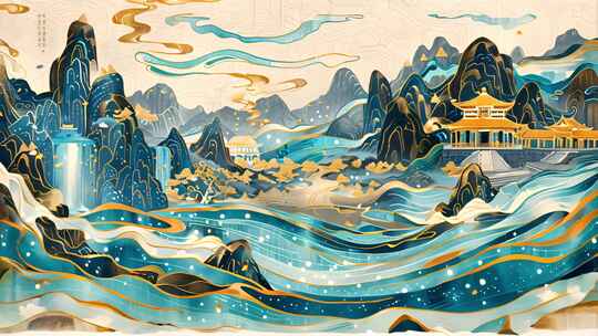 中国山水画 鎏金 古风背景 舞台背景