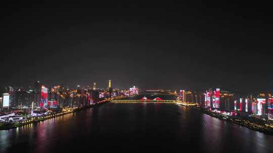 长沙夜景风光航拍湘江两岸滨江建筑灯光风景