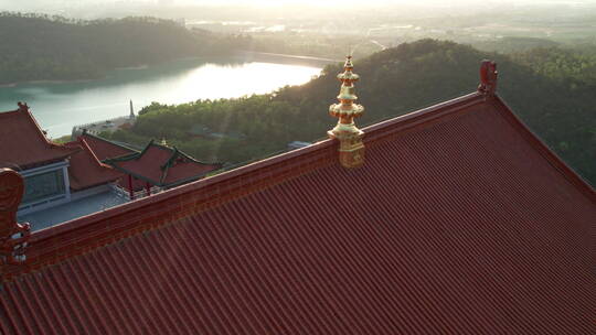 珠海金台寺佛教寺庙夕阳水库航拍