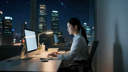 夜晚办公室加班的职场女性
