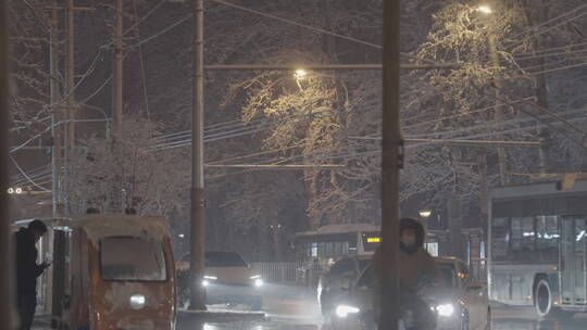 城市冬天雪景 夜晚雪景