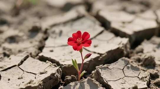干旱土地上绽放的红色花朵