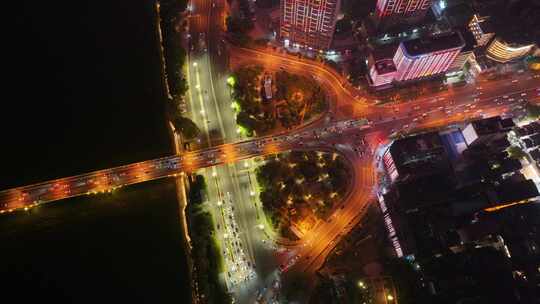 长沙夜景橘子洲大桥湘江中路车流交通航拍立