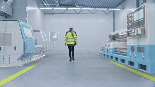 女工行走于工厂数控机床间