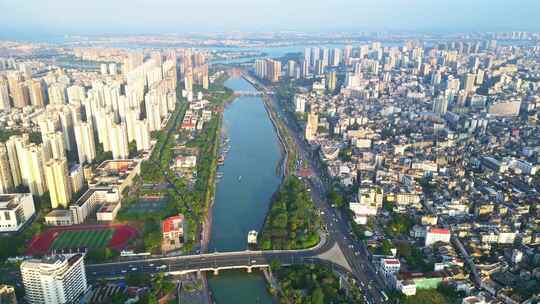 海南海口高视角航拍俯瞰早晨阳光下建筑风景