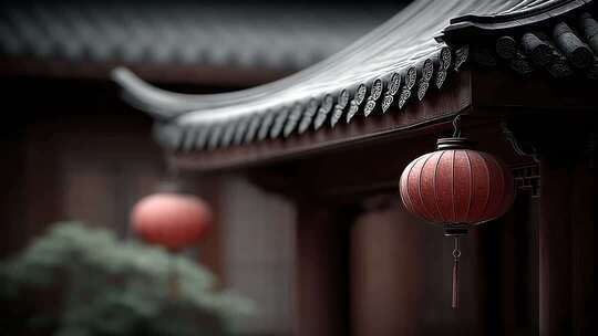建筑屋檐下的红灯笼静谧而美好