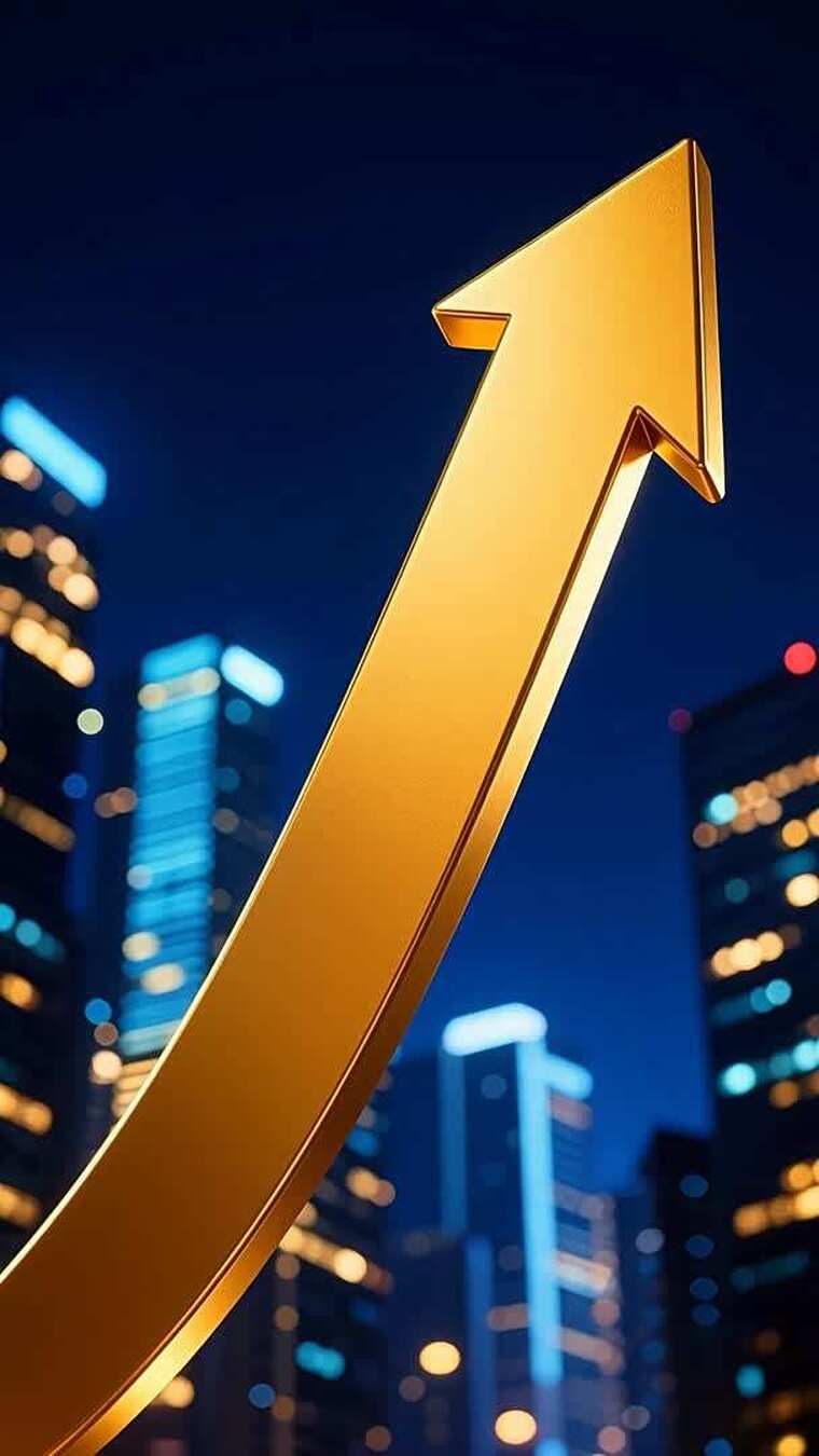 城市夜景中的金色上升箭头