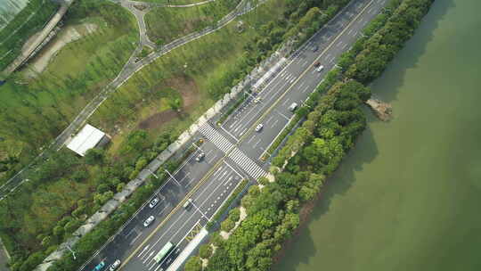 武汉江夏文化大道航拍俯视马路车水马龙