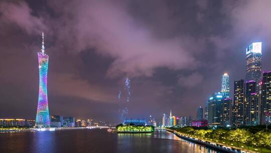 广州_广州塔_珠江_海心沙_夜景天空延时4K