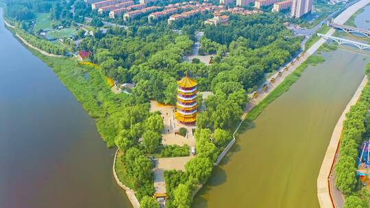 中国吉林省梅河口腾龙阁地标夏春季建筑航拍
