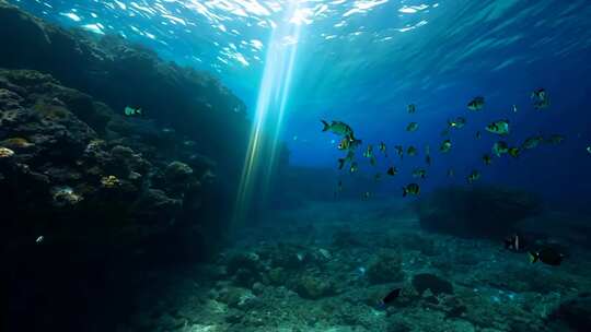 4k阳光透过海面大海里的鱼群海洋生物