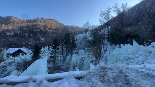 济南南部山区九如山，冰瀑成型冰天雪地高清在线视频素材下载