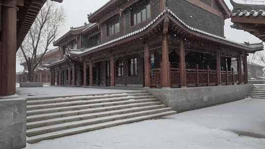 古建筑庭院飘雪花小雪场景素材视频素材模板下载