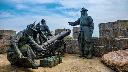 4k延时中国古代城墙大炮防守战士素材