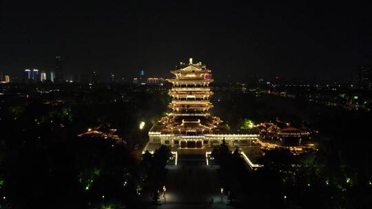 航拍山东济南大明湖景区夜景