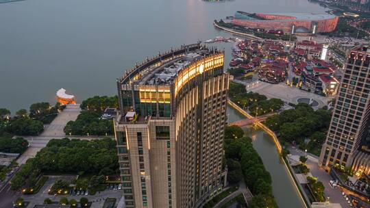 4k航拍江苏苏州金鸡湖九龙仓夜景延时